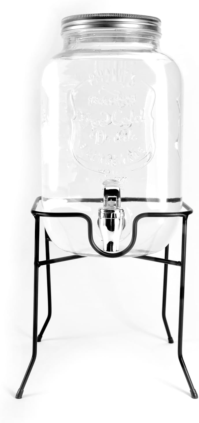 Jocca, Dispenser per Bevande in Vetro con Supporto Metallico, Serbatoio dell'acqua, Tappo a vite, Bevande Varie, Acqua, Succhi, Ghiaccio, Frutta, Cocktails, Infusi, 4 Litri