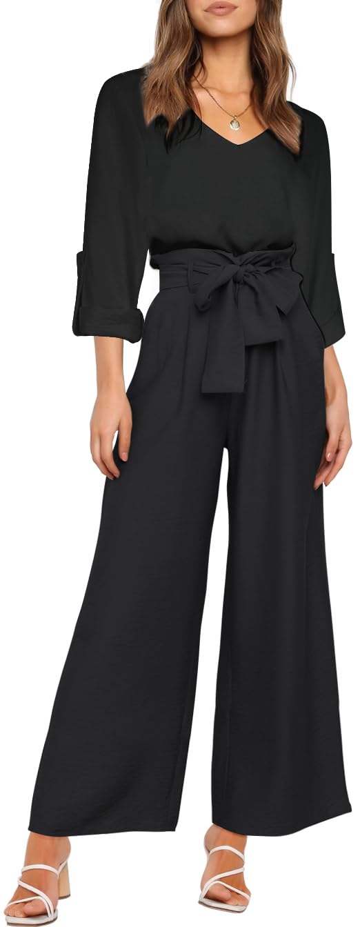 Donne 2 pezzi tuta casual manica lunga canotta pantaloni a vita alta top con scollo a V e pantaloni a larga gamba