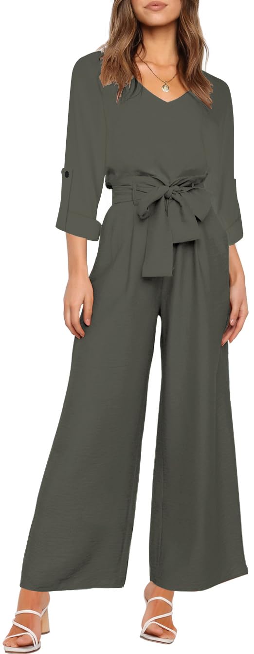 Donne 2 pezzi tuta casual manica lunga canotta pantaloni a vita alta top con scollo a V e pantaloni a larga gamba