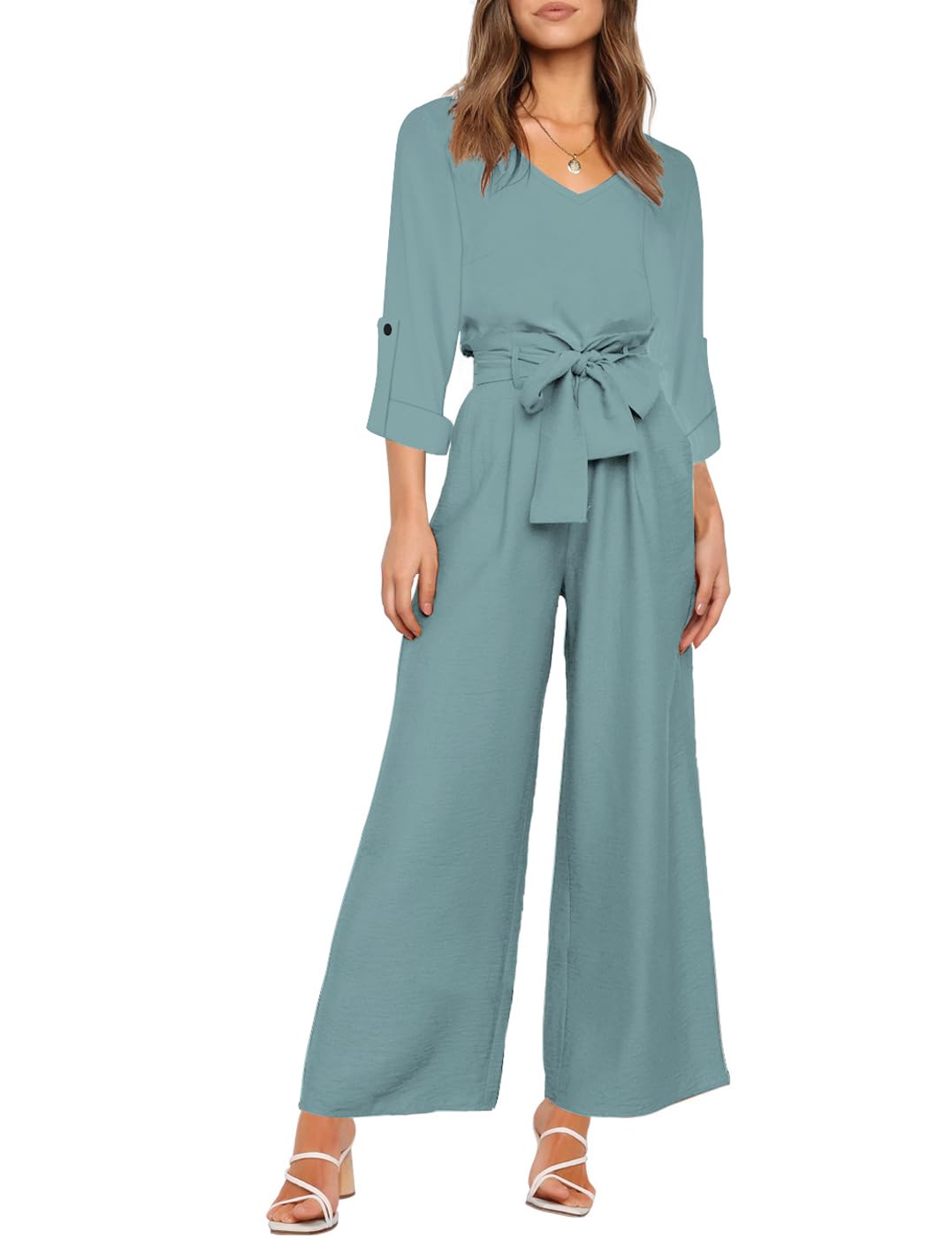 Donne 2 pezzi tuta casual manica lunga canotta pantaloni a vita alta top con scollo a V e pantaloni a larga gamba