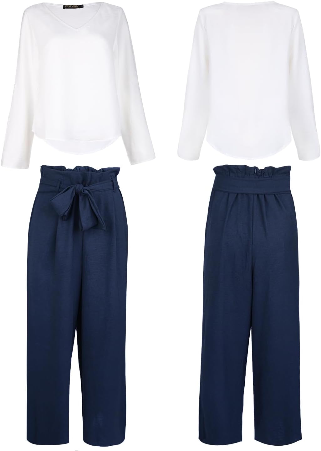 Donne 2 pezzi tuta casual manica lunga canotta pantaloni a vita alta top con scollo a V e pantaloni a larga gamba