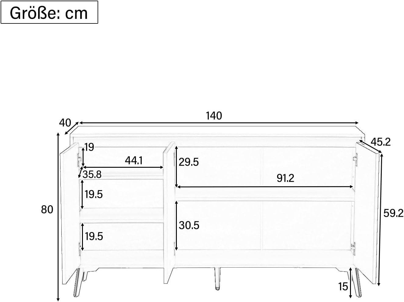 Credenza, armadio da cucina con 4 cassetti e 3 ante, per cucina, buffet con piano di lavoro, per sala da pranzo, soggiorno, 140 x 40 x 80 cm