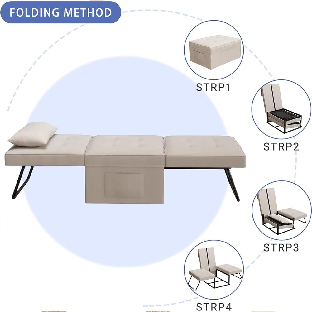 Divano Letto 4 in 1 con Tasca Portaoggetti Laterale, Divanetto Seduta Morbida e Imbottita ad Alta Densità Trasformabile Chaise Longue, Ottomana, Poggiapiedi, Letto (Beige)