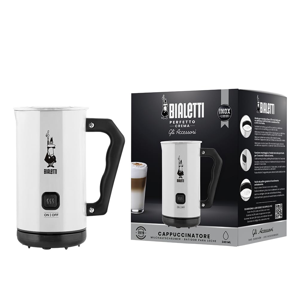 Bialetti Milk Frother Elettrico, Montalatte per Cappuccino, Capacità 150 Ml Cappuccino O 300 Ml Latte Caldo, Bianco