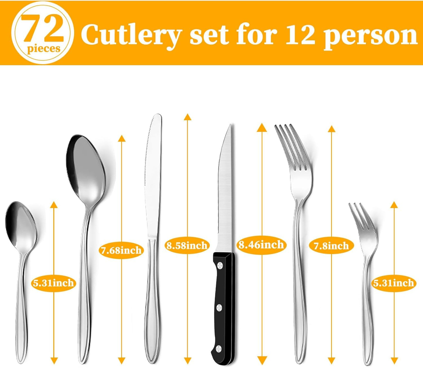 Set Posate, Gymdin Posate Acciaio Inox 12 Persone, Set Posate 72 Pezzi, Set di Posate di Alta Qualità con Coltello da Bistecca, Coltello, Forchetta, Cucchiaio, Elegante Acciaio Inossidabile