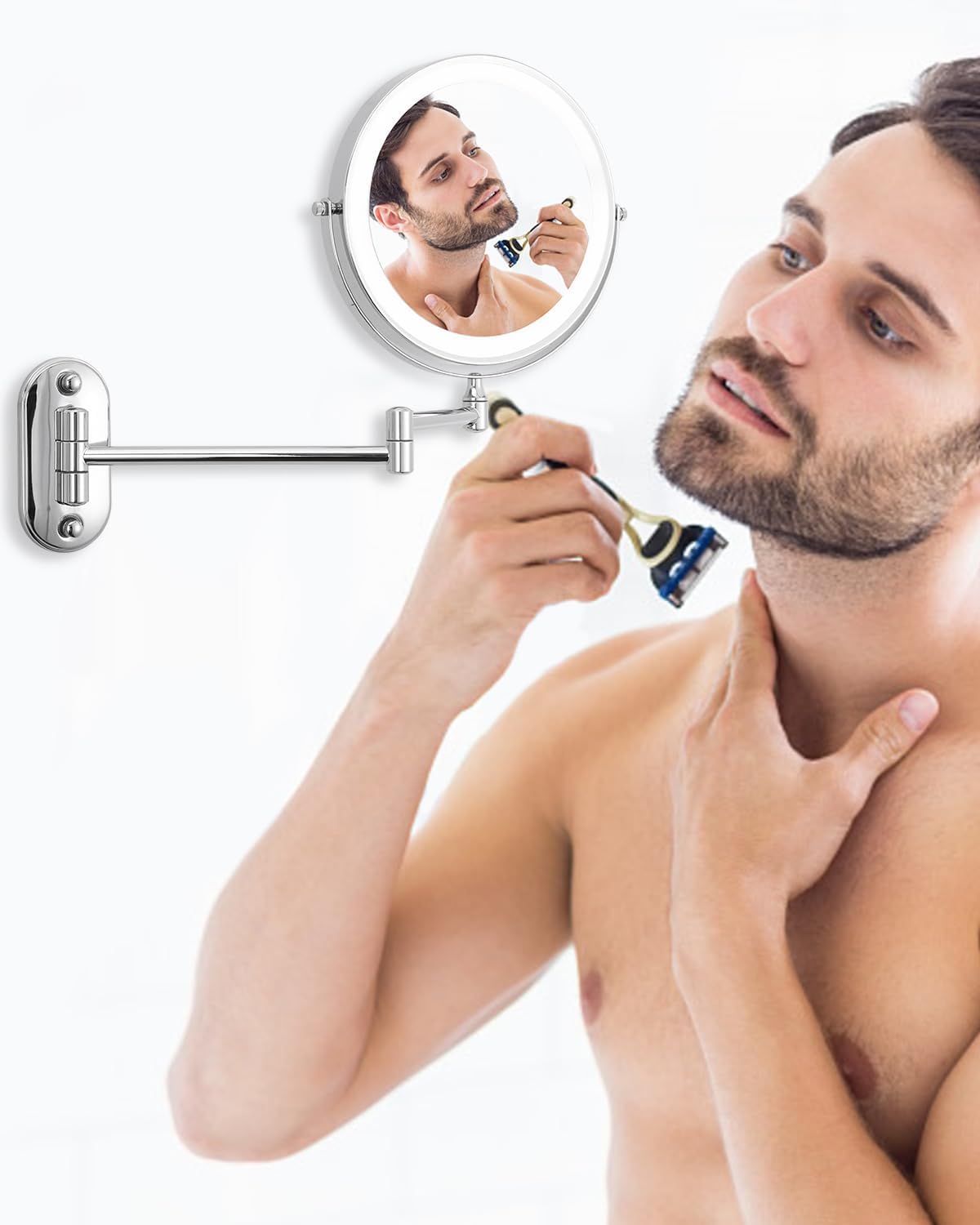 Specchio cosmetico con Ingrandimento, a LED da barba da parete girevole a 360° per bagno con illuminazione 1X / 10X