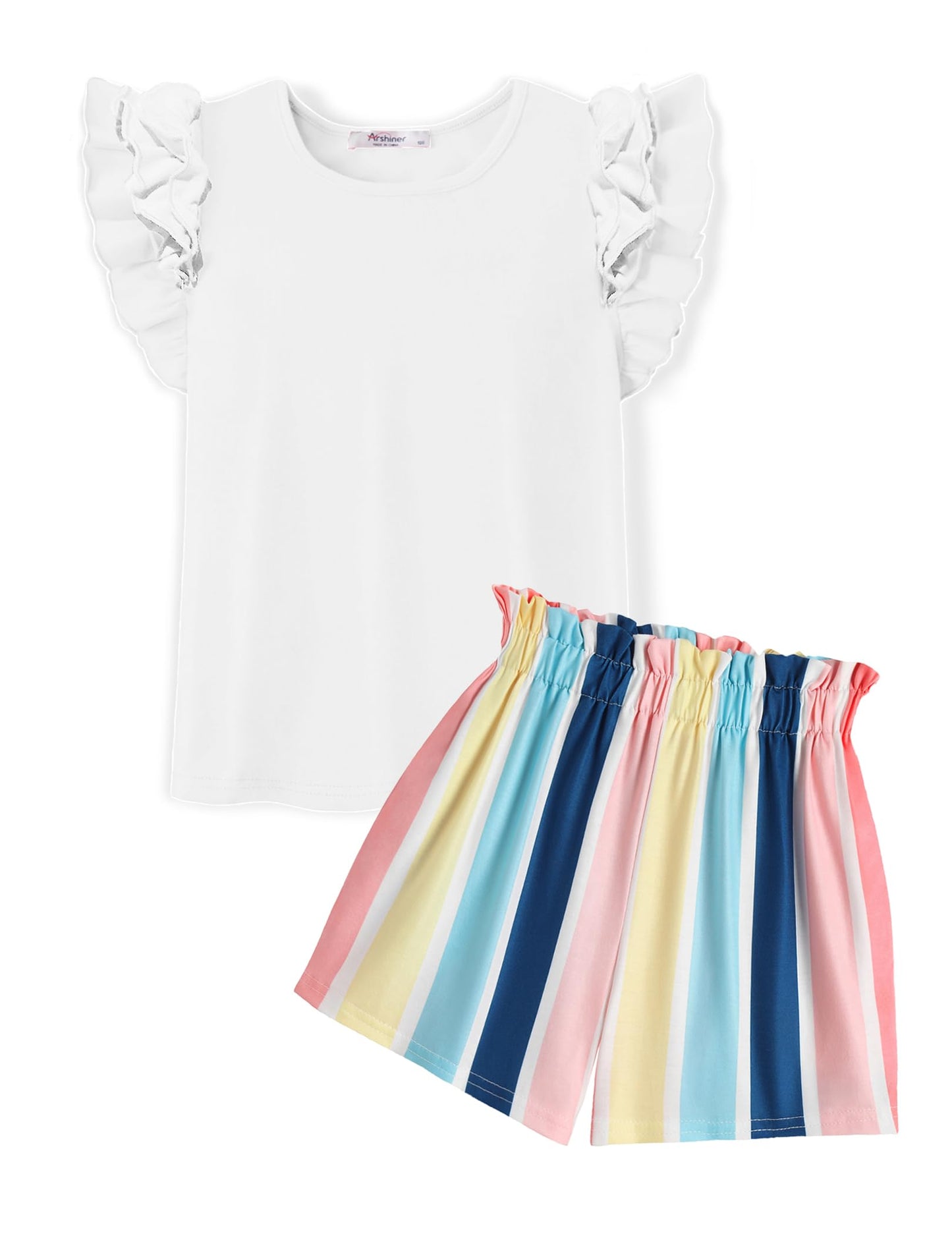 Arshiner Set di Abbigliamento per Ragazze T-shirt Estiva Pantaloncini Completo Bambini Cotone Maniche Volant Set di Abbigliamento per il Tempo Libero Moda Due Pezzi Ragazze con Tasca 6-14 Anni
