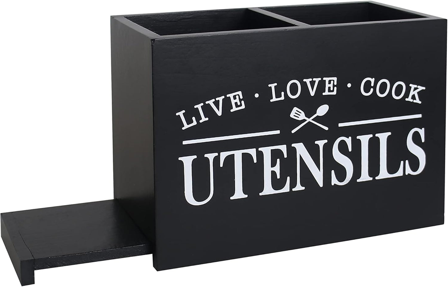 Karisky Portautensili da cucina con fondo rimovibile, grande 2 scomparti, organizer per utensili da fattoria, per decorazione da piano di lavoro, 22,9 x 17,8 x 12,7 cm, nero