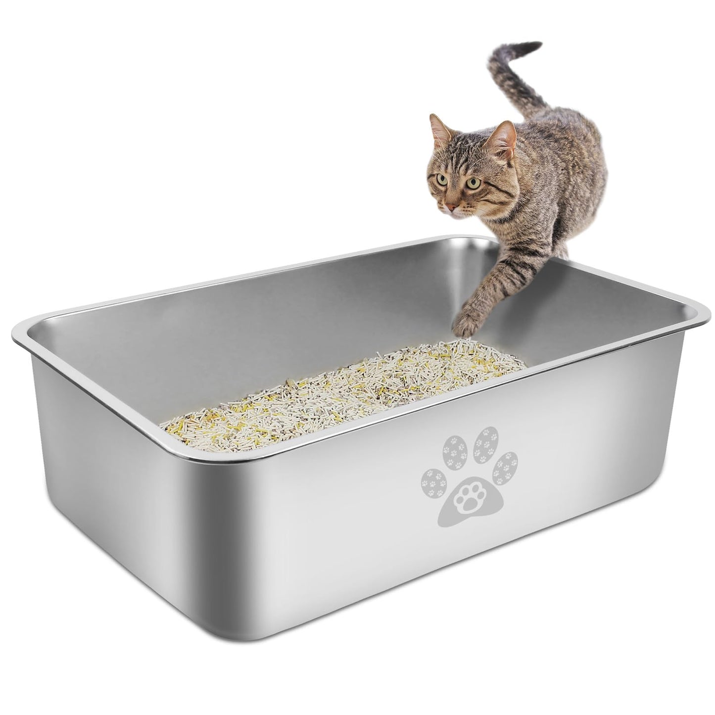 PTLOM Lettiera per gatti in acciaio inossidabile, grande lettiera per gatti in metallo, antispruzzo, inodore e antiaderente, adatta per gatti grandi e piccoli, conigli, zampa di Tabby, 60x40x15cm