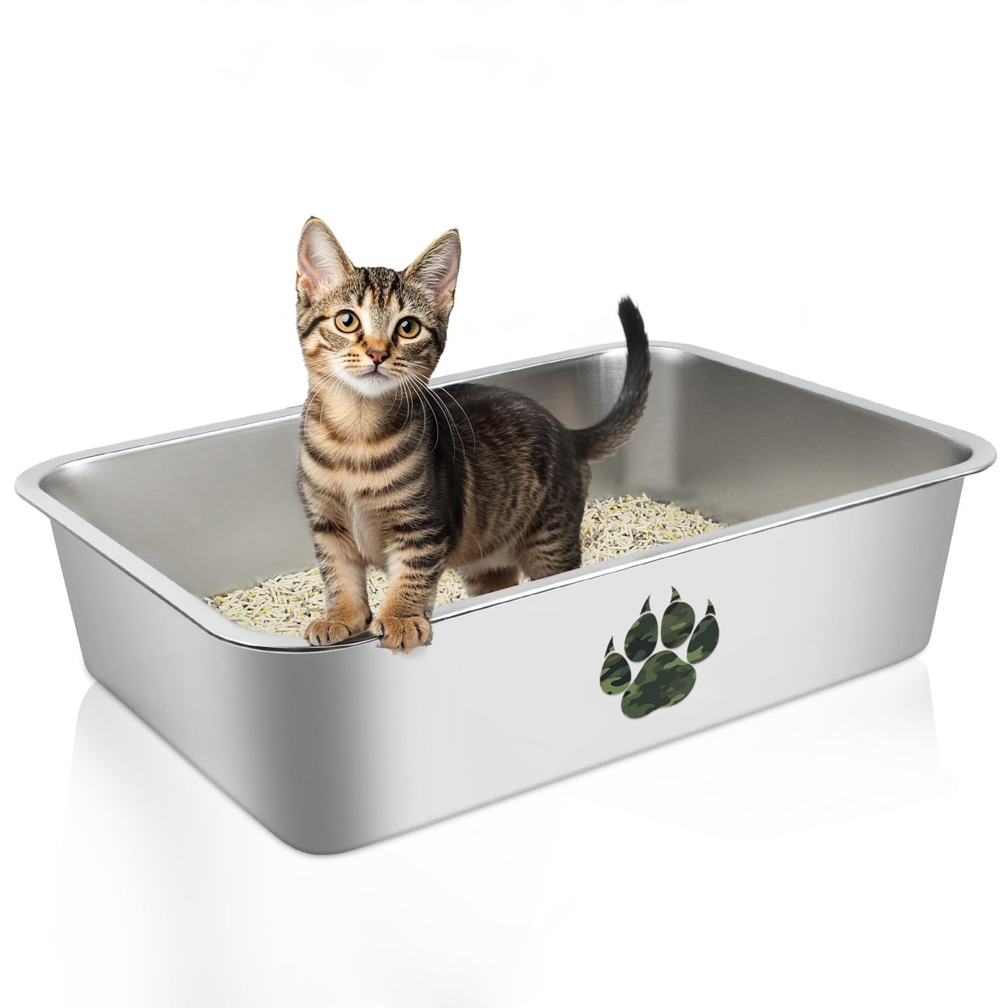 PTLOM Lettiera per gatti in acciaio inossidabile, grande lettiera per gatti in metallo, antispruzzo, inodore e antiaderente, adatta per gatti grandi e piccoli, conigli, zampa di Tabby, 60x40x15cm