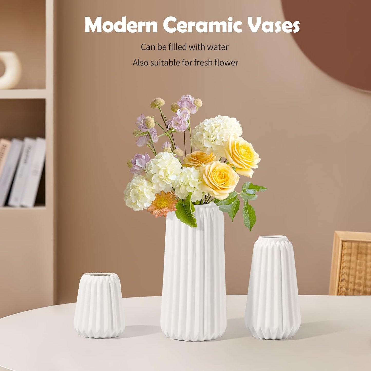 Vaso in Ceramica Bianca da 3 Pezzi, Blumacht Fiori Secchi Pampas Erba Vasi per Centrotavola Bouquet, Moderno Ingresso Tavolo Mensola Camera da Letto Soggiorno Arredamento