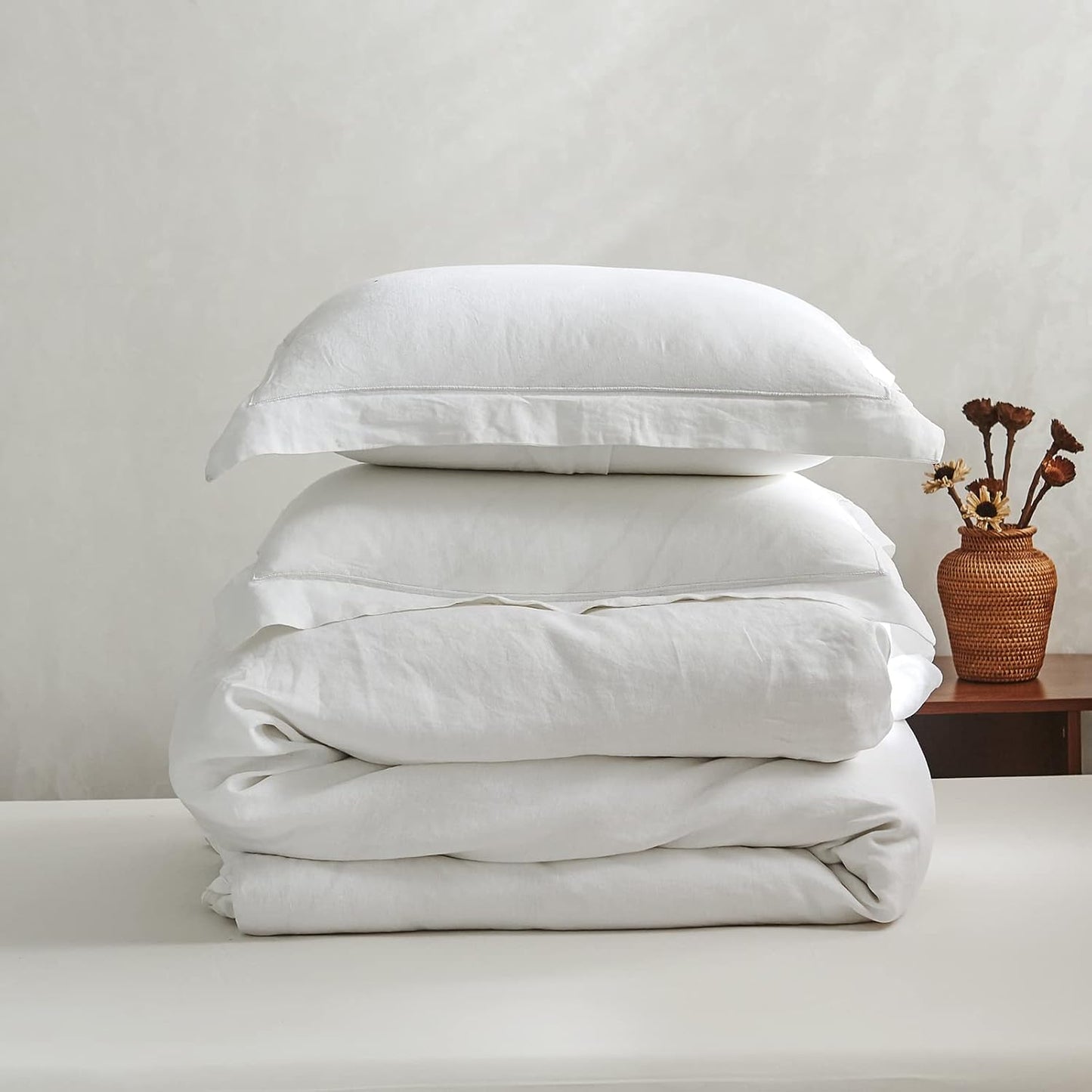 Simple&Opulence Set copripiumino in lino lavato a pietra naturale al 100% biancheria da letto in 3 pezzi con ricamo solido 1 copripiumino e 2 federe(King 230x220cm,Bianca)