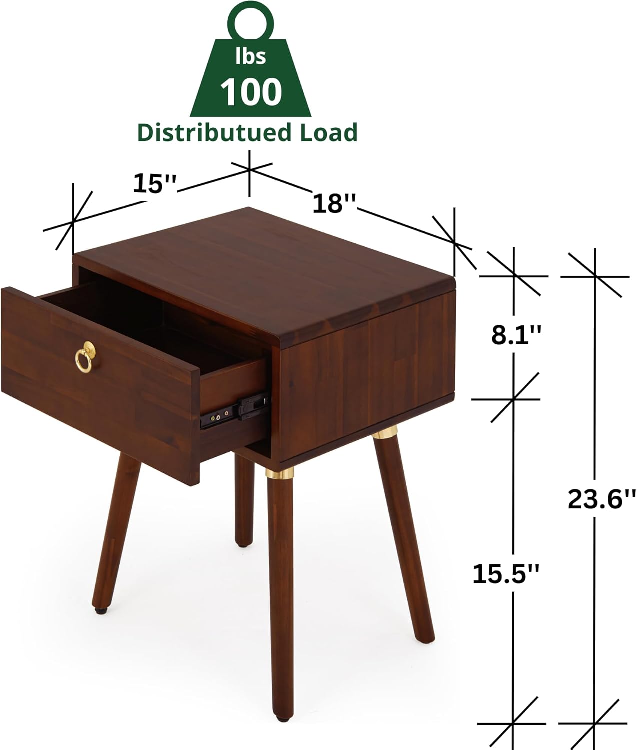 Bme Caden - Comodino in legno massello, completamente assemblato, con 1 cassetto, per camera da letto e soggiorno di metà secolo, colore: noce