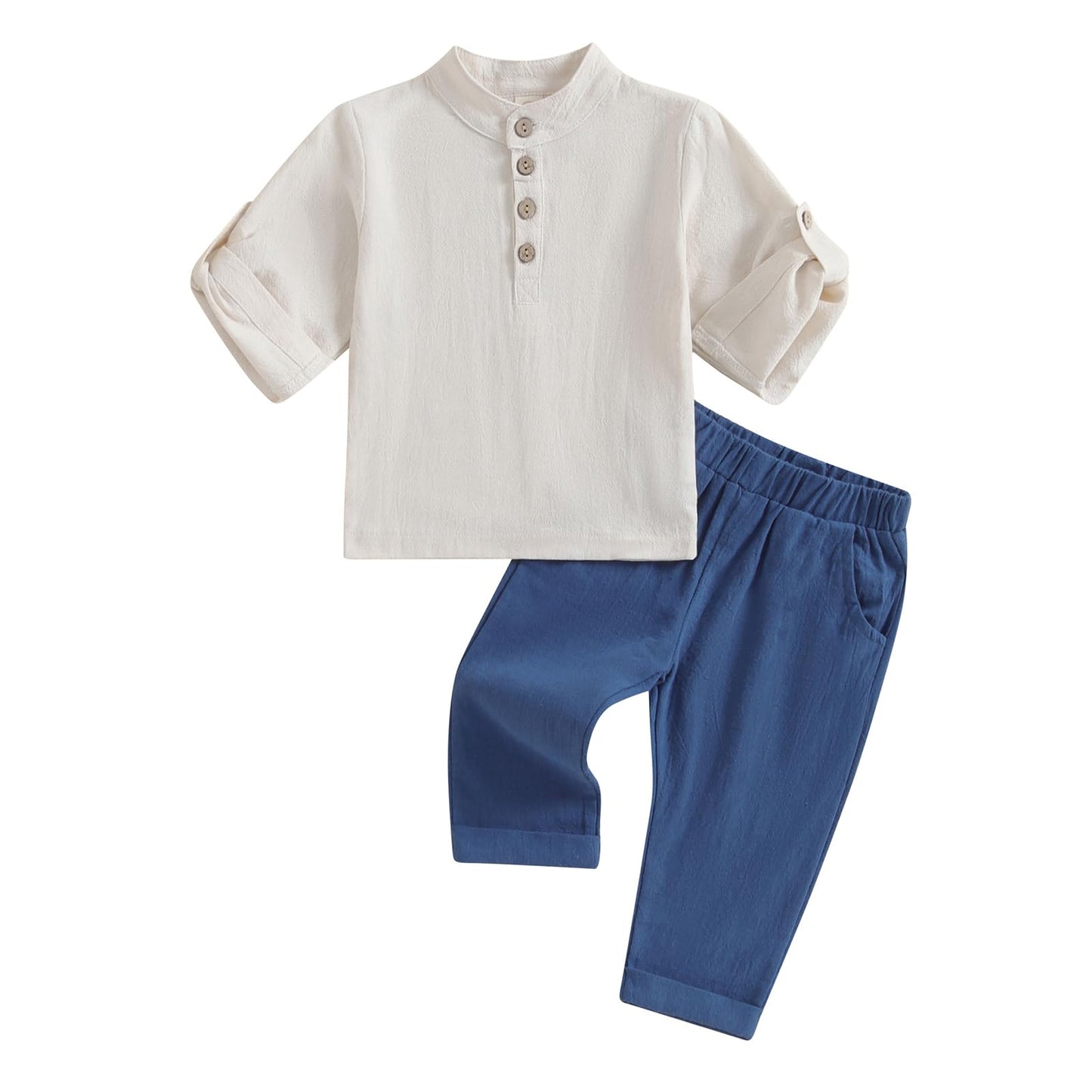 Geagodelia Completo Bambino Casual 2 Pezzi Tuta Neonato Estate Camicia Manica Corta con Bottoni +Pantaloni Lungi Vestiti Bambini Lino di Cotone