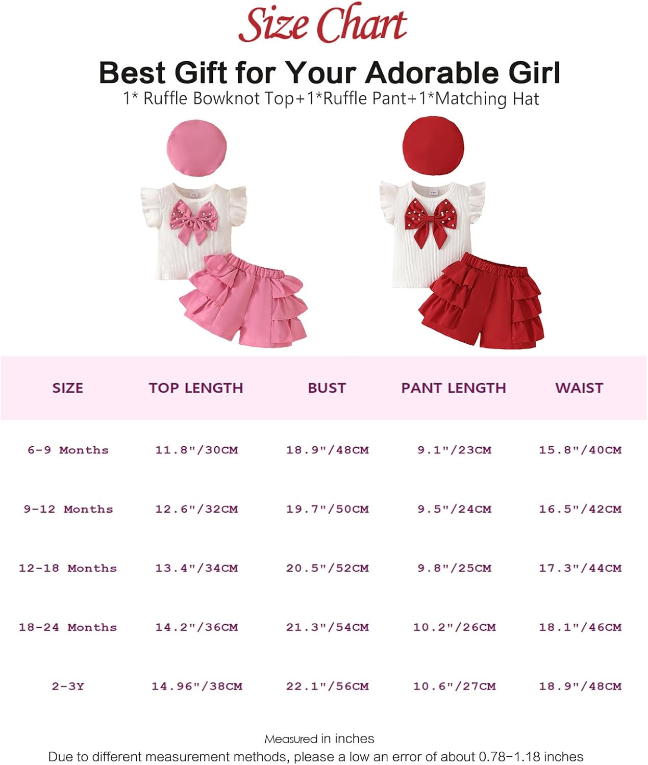 LUVCES Abbigliamento Bambina Estivi Set Maniche a Balze Fiocco di Perle Top + Pantaloncini con Orlo a Balze +Berretto 3 Pezzi Eleganti Completo Set