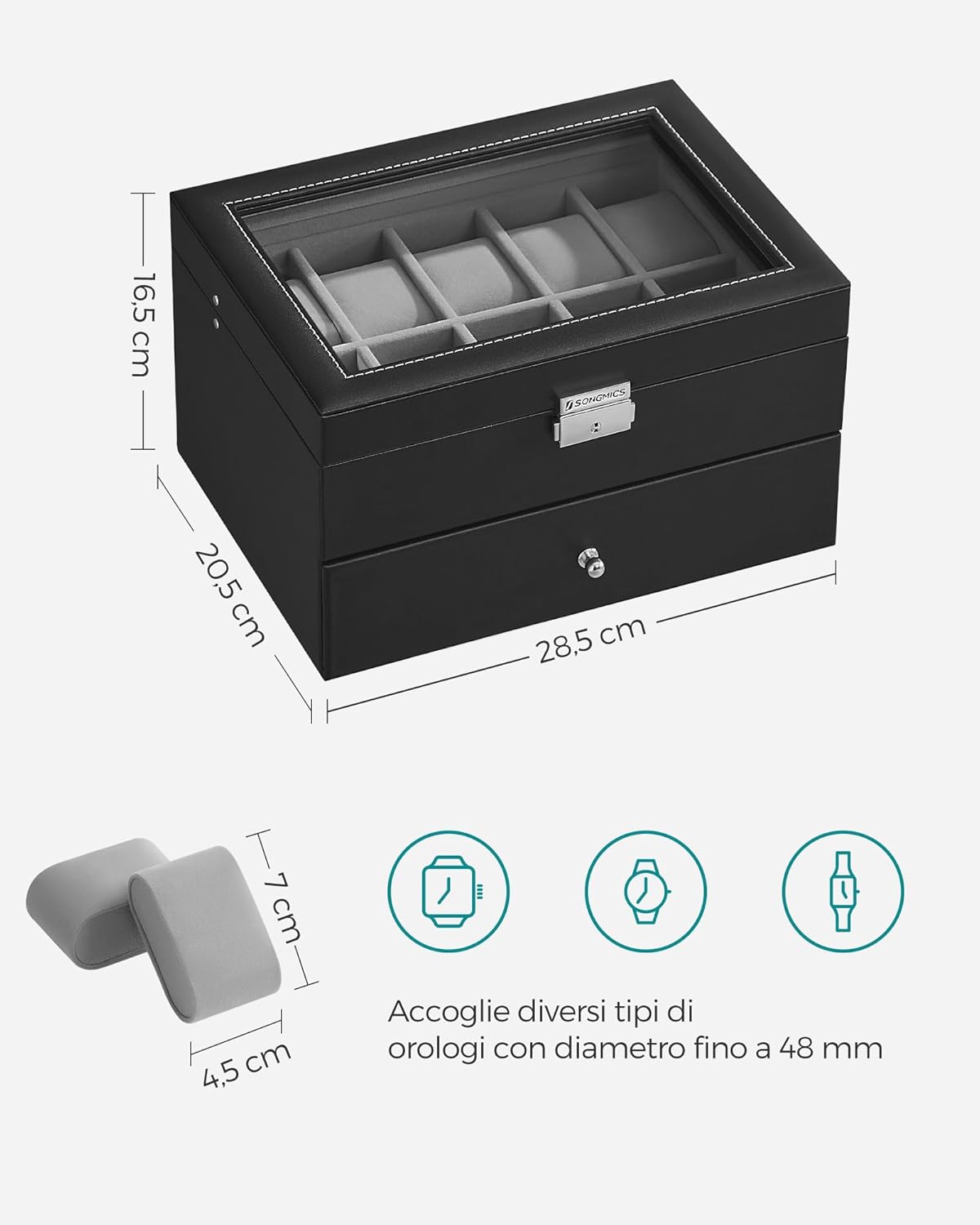 SONGMICS Porta Orologi, Scatola Portaorologi a 2 Livelli, Coperchio in Vetro, con Cuscinetti Rimovibili, Idea Regalo, Superficie in PU Nera, Interno Grigio JWB020