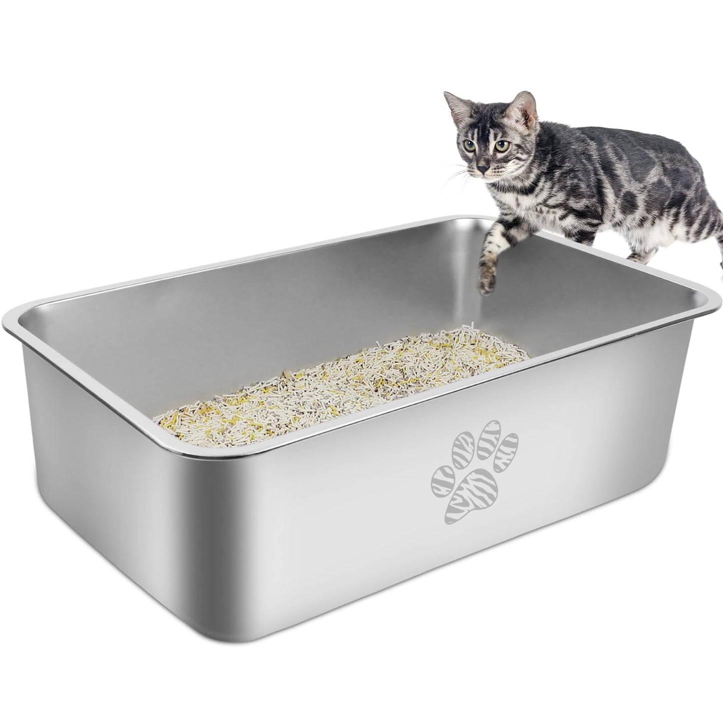 PTLOM Lettiera per gatti in acciaio inossidabile, grande lettiera per gatti in metallo, antispruzzo, inodore e antiaderente, adatta per gatti grandi e piccoli, conigli, zampa di Tabby, 60x40x15cm