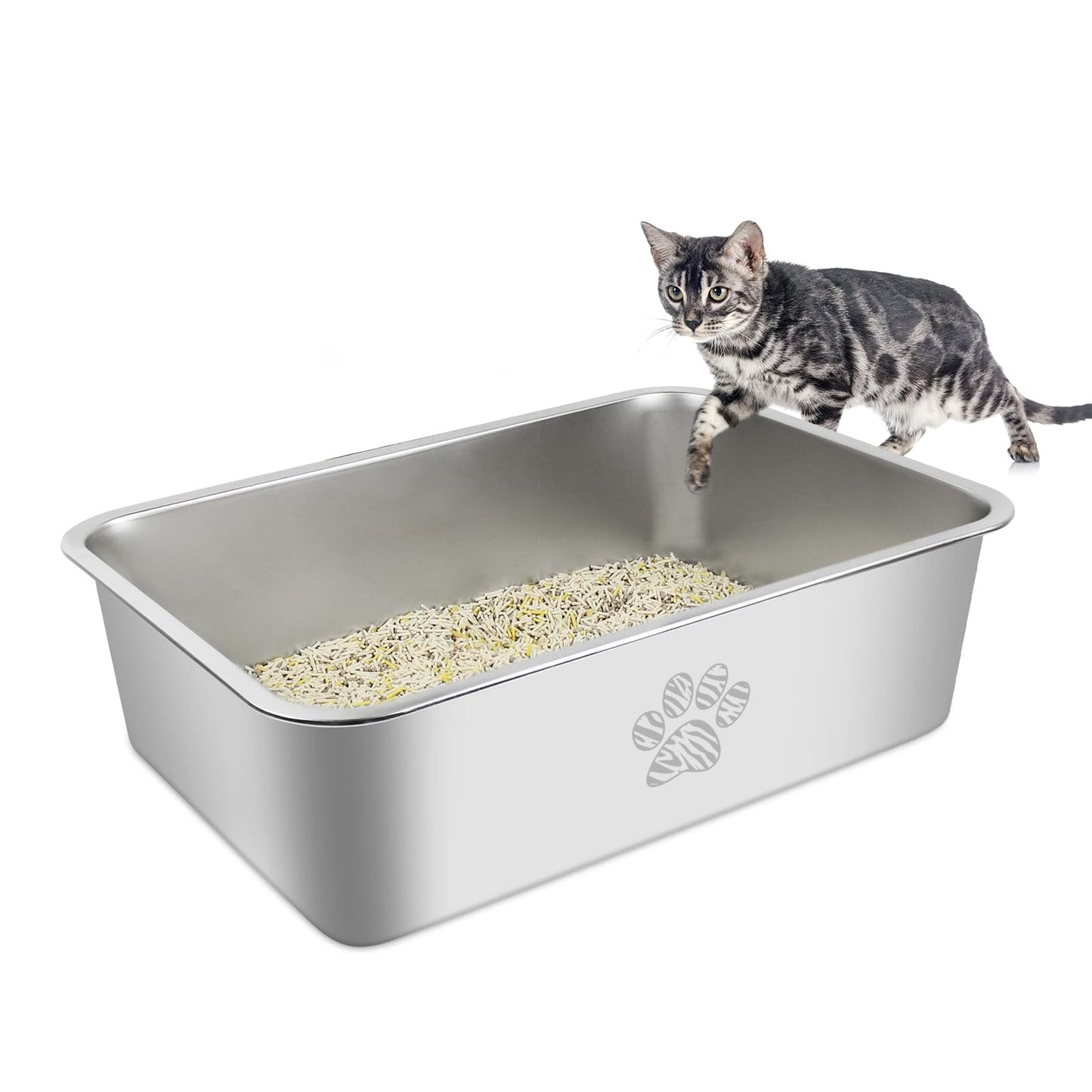 PTLOM Lettiera per gatti in acciaio inossidabile, grande lettiera per gatti in metallo, antispruzzo, inodore e antiaderente, adatta per gatti grandi e piccoli, conigli, zampa di Tabby, 60x40x15cm