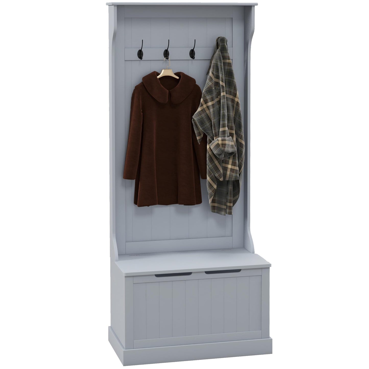 HOMCOM 3 in 1 Appendiabiti da Ingresso con Scarpiera, Attaccapanni da Terra Salvaspazio con 4 Ganci e Panca Contenitore, in MDF, per Corridoio, Camera da Letto, 71.5x39.5x170 cm, Bianco