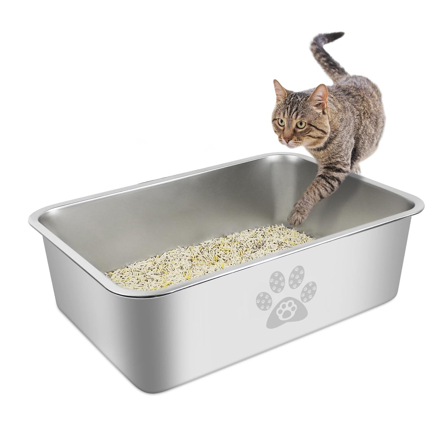 PTLOM Lettiera per gatti in acciaio inossidabile, grande lettiera per gatti in metallo, antispruzzo, inodore e antiaderente, adatta per gatti grandi e piccoli, conigli, zampa di Tabby, 60x40x15cm