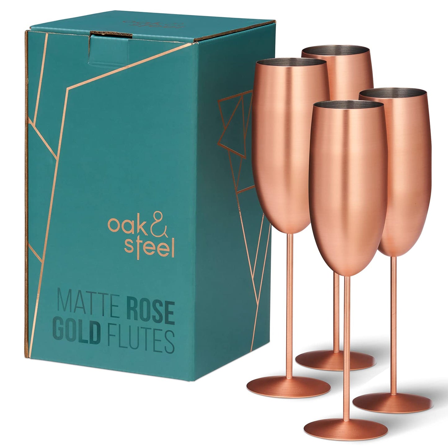 Oak & Steel - 4 Eleganti Calici da Champagne, 285 ml. In Acciaio Inossidabile Dorato - Ideale al Chiuso o All'aperto in Giardino, in Spiaggia, a Picnic, Barbecue, Campeggio e Gite in Barca