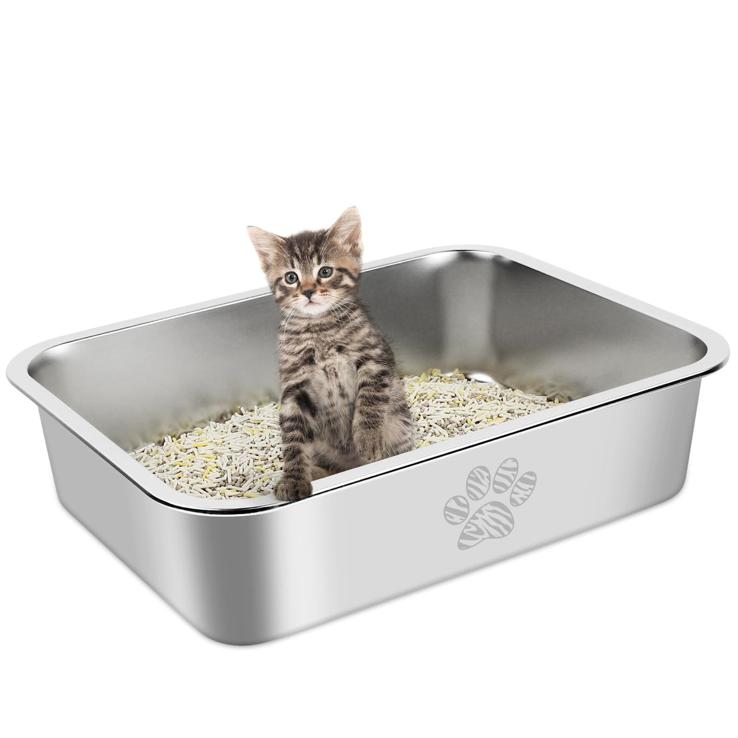 PTLOM Lettiera per gatti in acciaio inossidabile, grande lettiera per gatti in metallo, antispruzzo, inodore e antiaderente, adatta per gatti grandi e piccoli, conigli, zampa di Tabby, 60x40x15cm