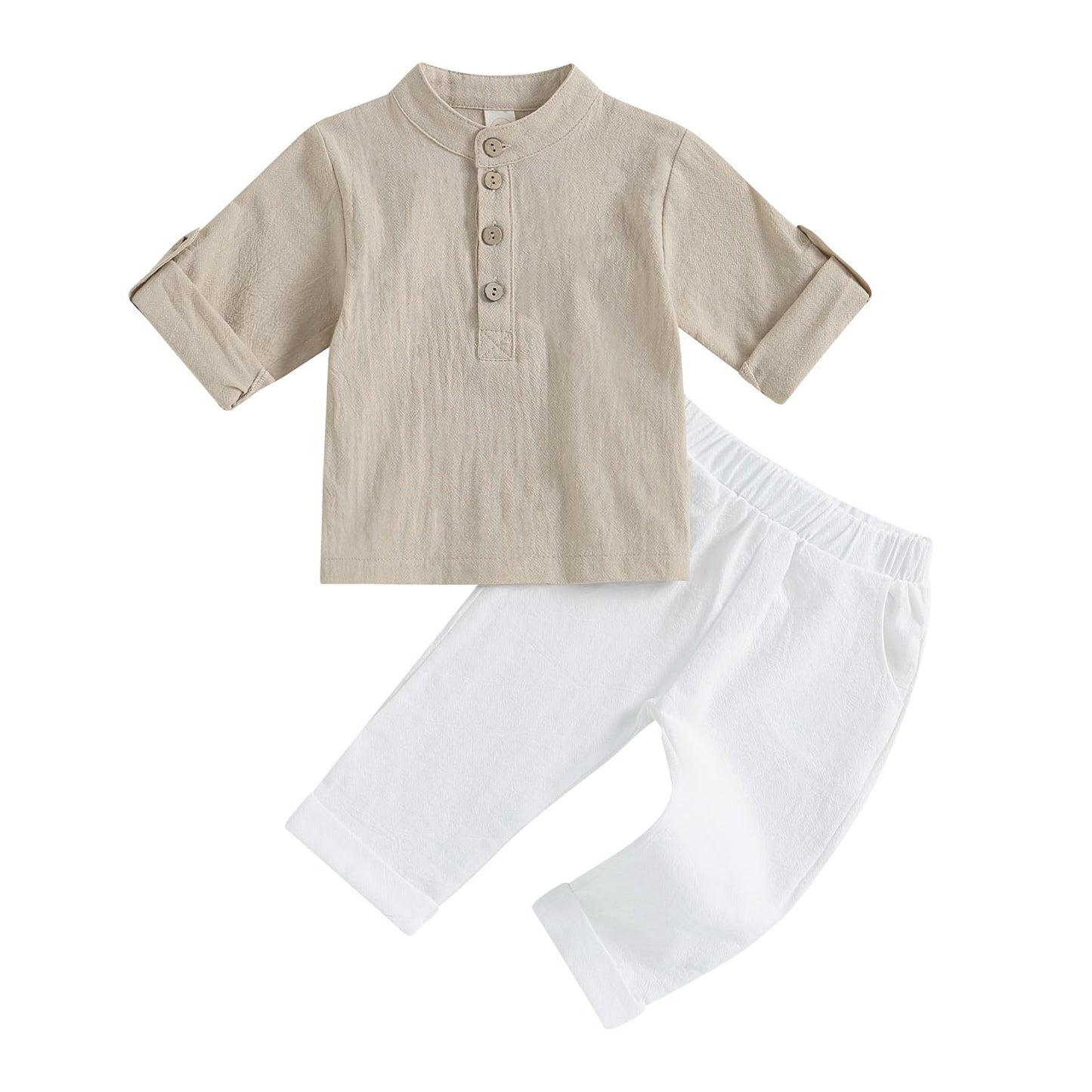 Geagodelia Completo Bambino Casual 2 Pezzi Tuta Neonato Estate Camicia Manica Corta con Bottoni +Pantaloni Lungi Vestiti Bambini Lino di Cotone