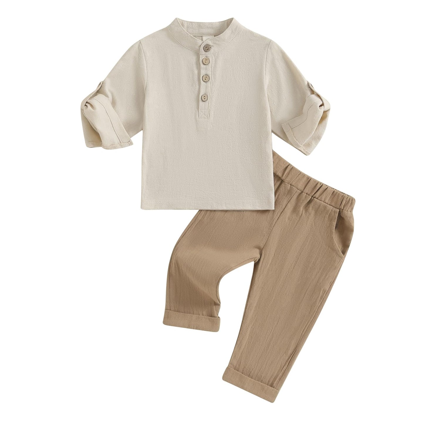 Geagodelia Completo Bambino Casual 2 Pezzi Tuta Neonato Estate Camicia Manica Corta con Bottoni +Pantaloni Lungi Vestiti Bambini Lino di Cotone