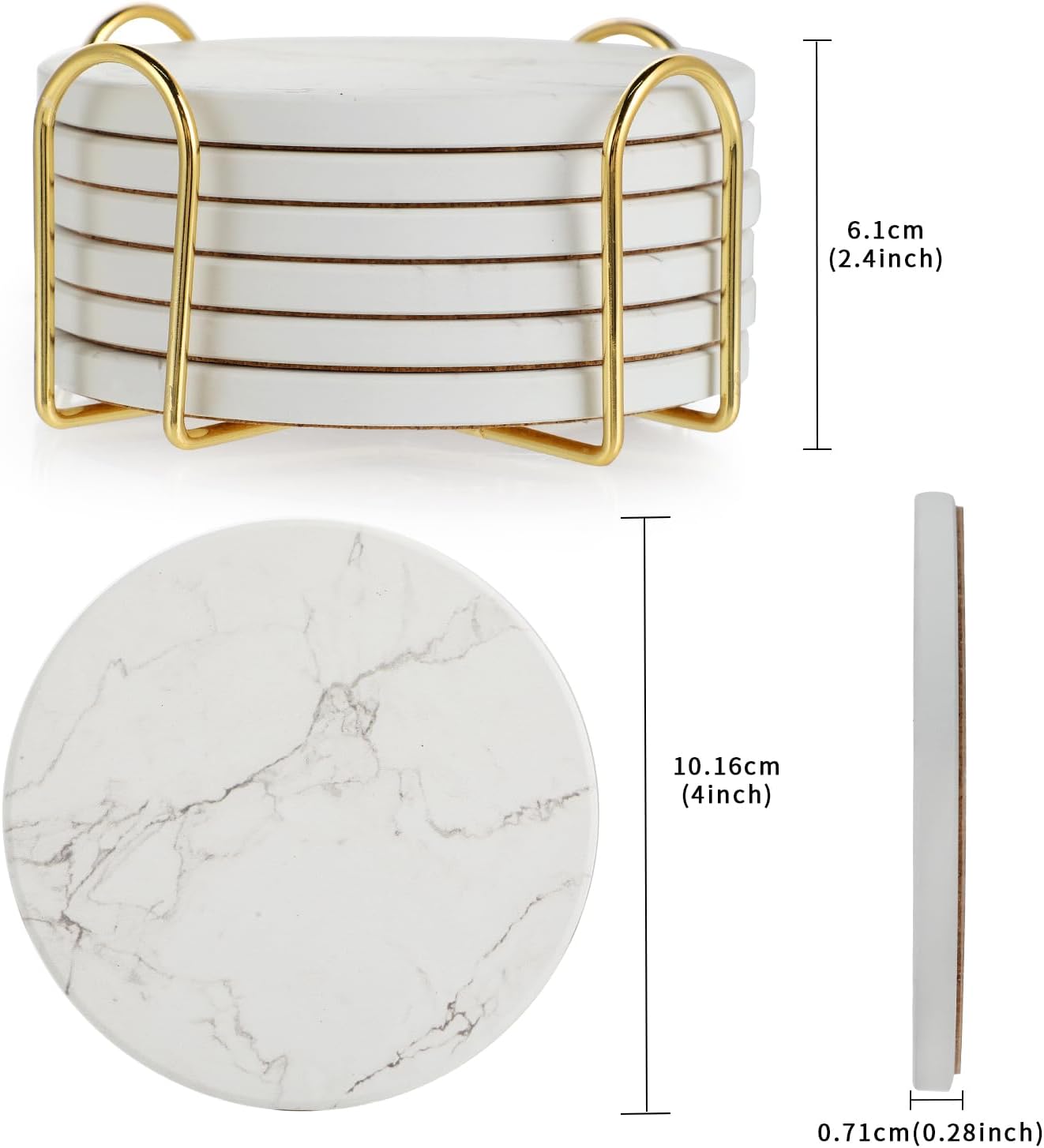 Sottobicchieri Con Supporto - Set Di 6 Sottobicchieri Ceramica - Absorbants Coasters Fondo Antiscivolo - Assorbimento Rapido Dell’Acqua - Motivo Marmo