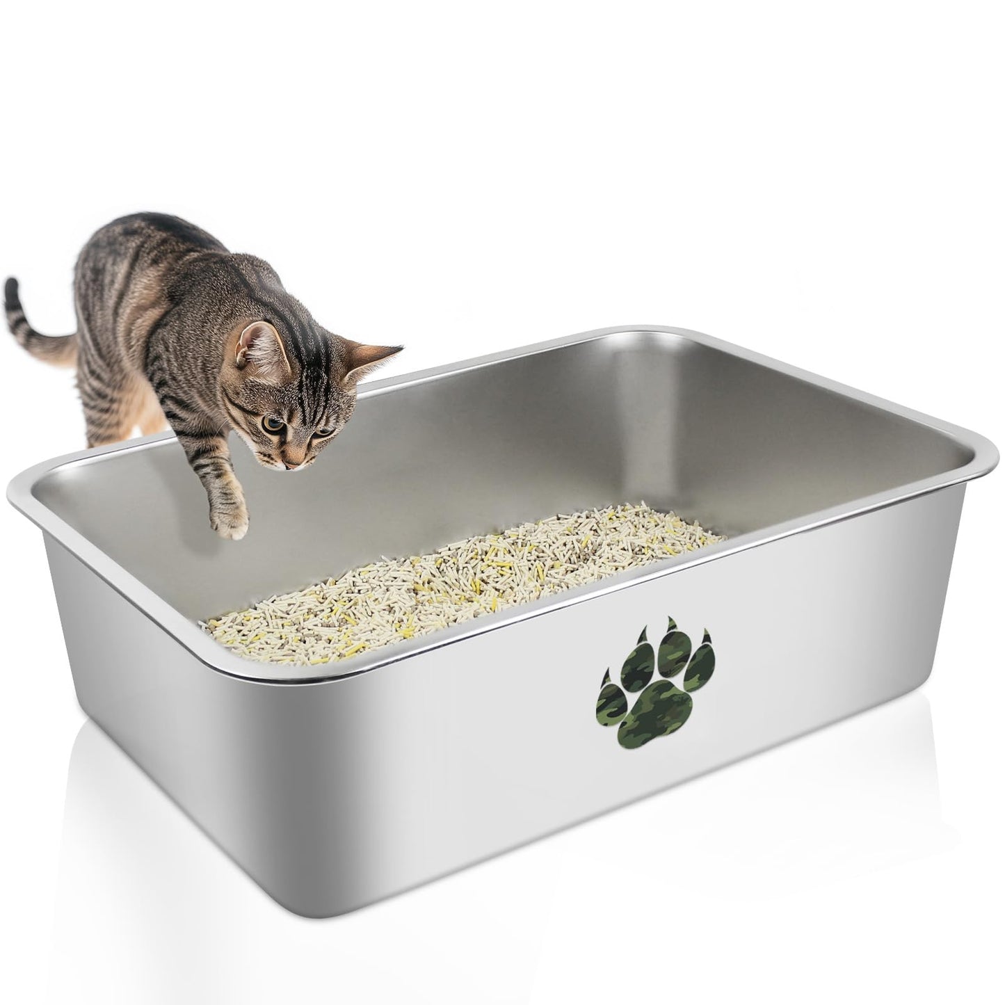 PTLOM Lettiera per gatti in acciaio inossidabile, grande lettiera per gatti in metallo, antispruzzo, inodore e antiaderente, adatta per gatti grandi e piccoli, conigli, zampa di Tabby, 60x40x15cm