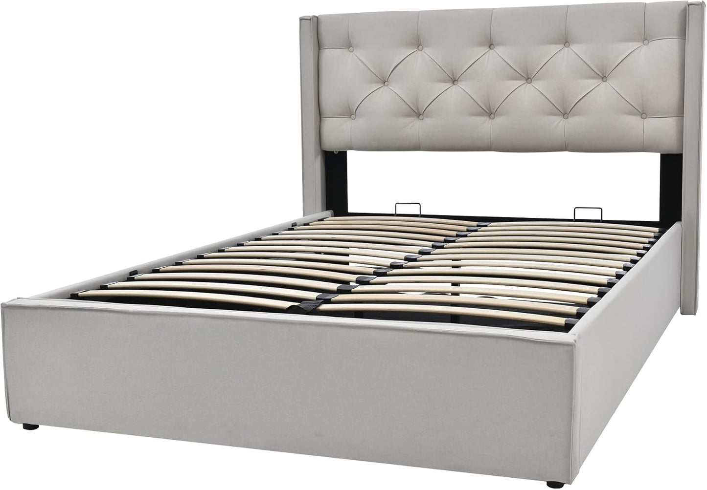 Letto Imbottito 160X200 Idraulico per Adulti con Rete a Doghe in Legno, Struttura e Testata, Moderna con Contenitore Sottoletto, Cotone, Grigio Chiaro, Senza Materasso