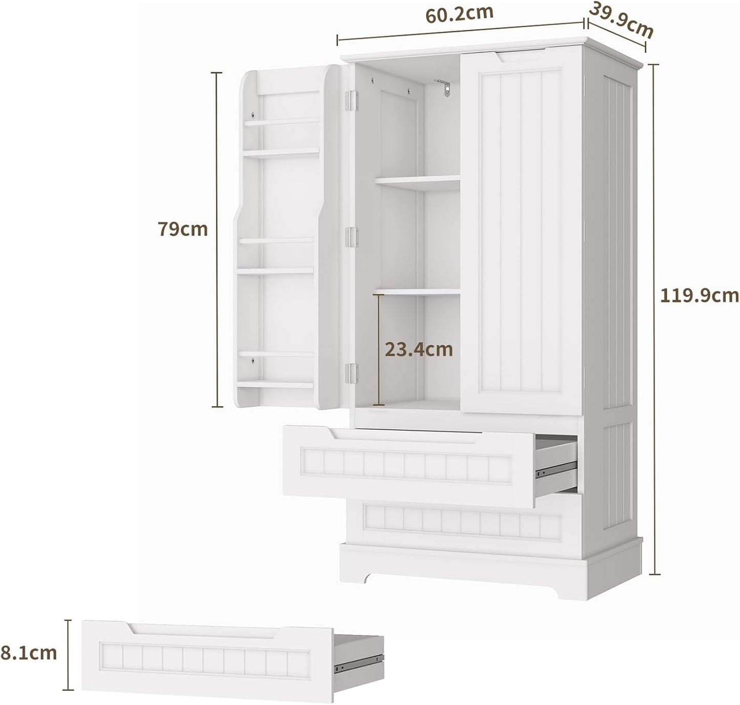 Bealife Credenza Armadio da Cucina, Armadio da Cucina con 2 Cassetti e 2 Ante, Mobile da Cucina Indipendente per la Cucina Bianco