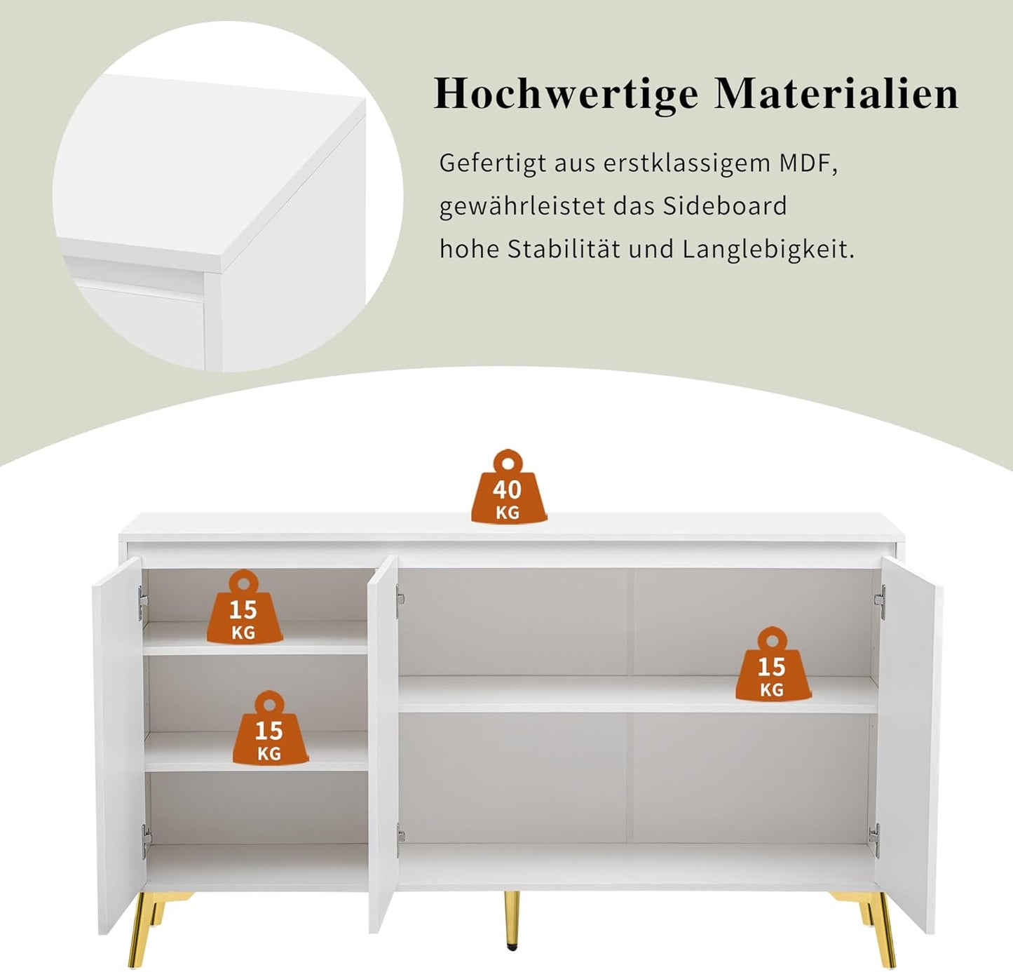 Credenza, armadio da cucina con 4 cassetti e 3 ante, per cucina, buffet con piano di lavoro, per sala da pranzo, soggiorno, 140 x 40 x 80 cm