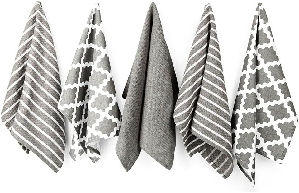 Penguin Home Premium Strofinaccio da cucina in puro cotone 100%, set di 5 asciugamani da cucina, set di asciugamani da cucina morbidi e resistenti, lavabile in lavatrice, 65 x 45 cm, colore - Grigio