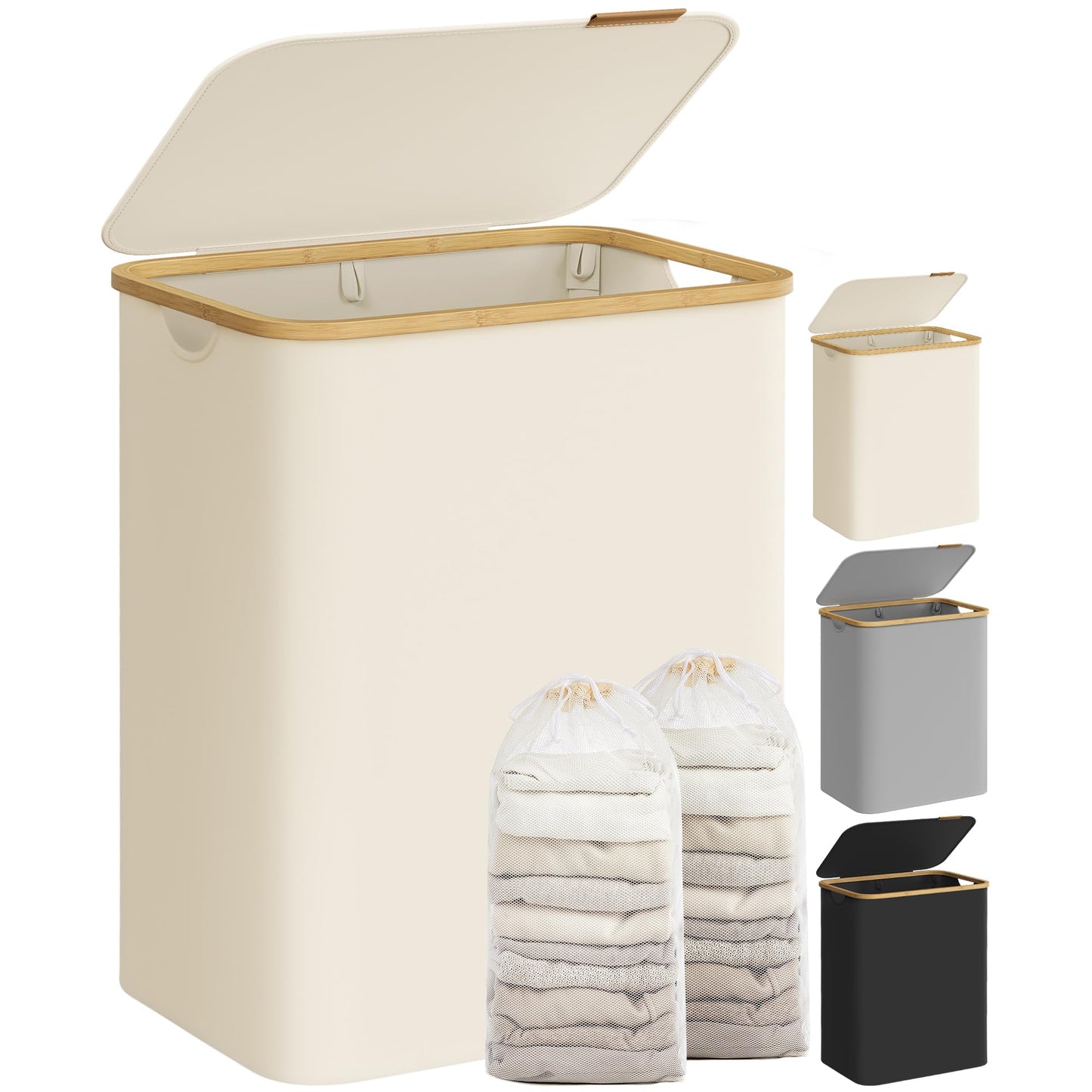 SONGMICS Cesto Portabiancheria con Coperchio, Cesta per Bucato, 65L, Salvaspazio, Sacco Rimovibile, Tessuto Oxford, Manici di Bambù, Pieghevole, 42 x 22,5 x 70,5 cm, Nero Inchiostro LCB506B01