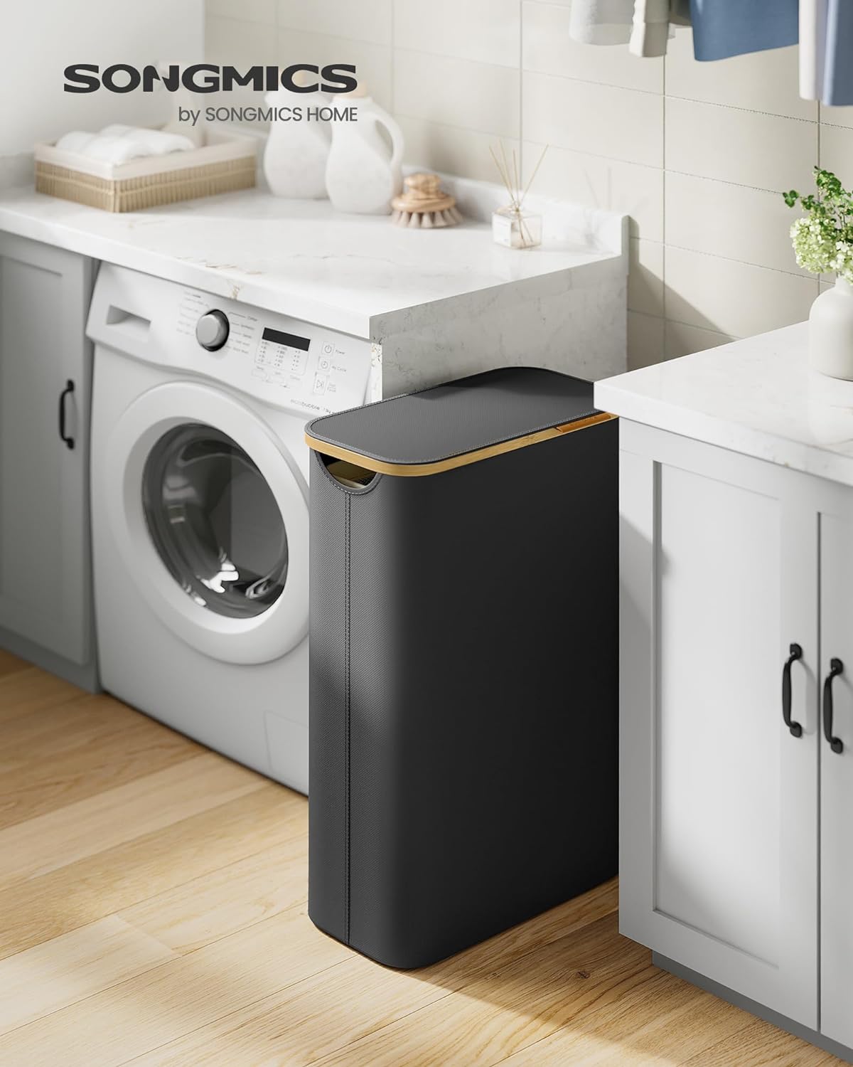 SONGMICS Cesto Portabiancheria con Coperchio, Cesta per Bucato, 65L, Salvaspazio, Sacco Rimovibile, Tessuto Oxford, Manici di Bambù, Pieghevole, 42 x 22,5 x 70,5 cm, Nero Inchiostro LCB506B01