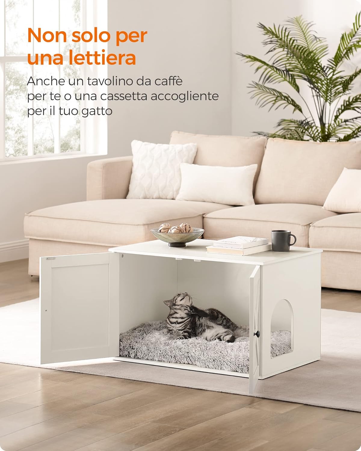 Feandrea Mobile Lettiera per Gatti con Divisorio Rimovibile, Cassetta per Gatti per Interno, Tavolino, 80 x 53 x 50 cm, Bianco PCL002W01
