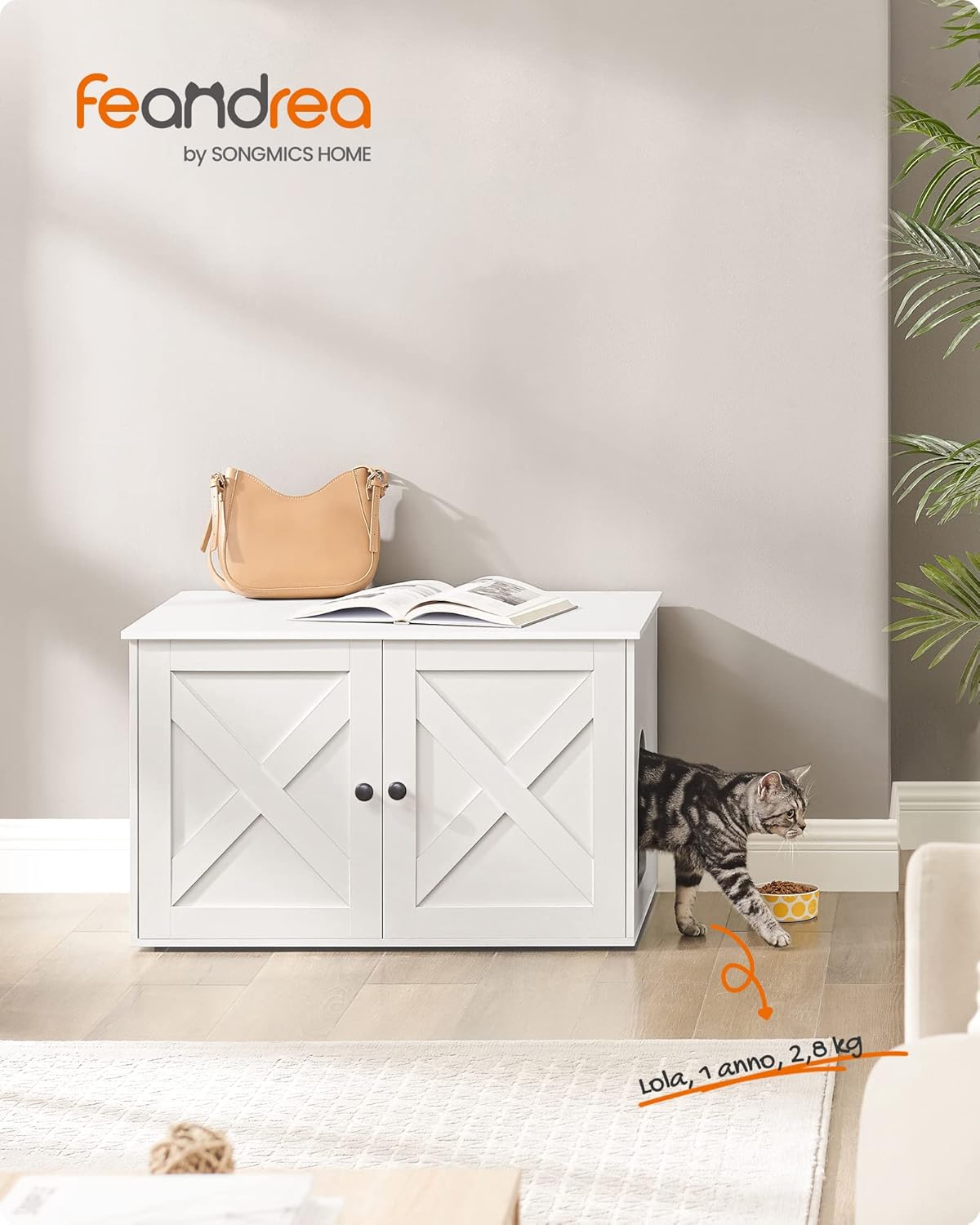 Feandrea Mobile Lettiera per Gatti con Divisorio Rimovibile, Cassetta per Gatti per Interno, Tavolino, 80 x 53 x 50 cm, Bianco PCL002W01
