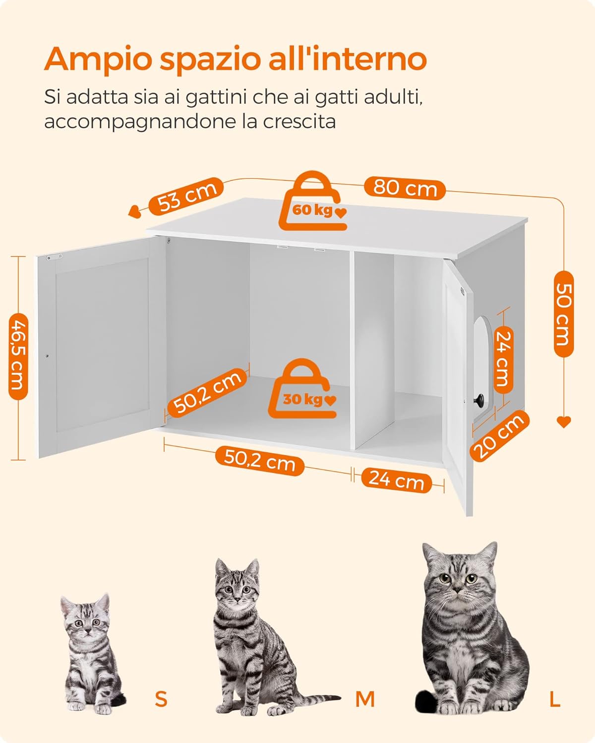 Feandrea Mobile Lettiera per Gatti con Divisorio Rimovibile, Cassetta per Gatti per Interno, Tavolino, 80 x 53 x 50 cm, Bianco PCL002W01