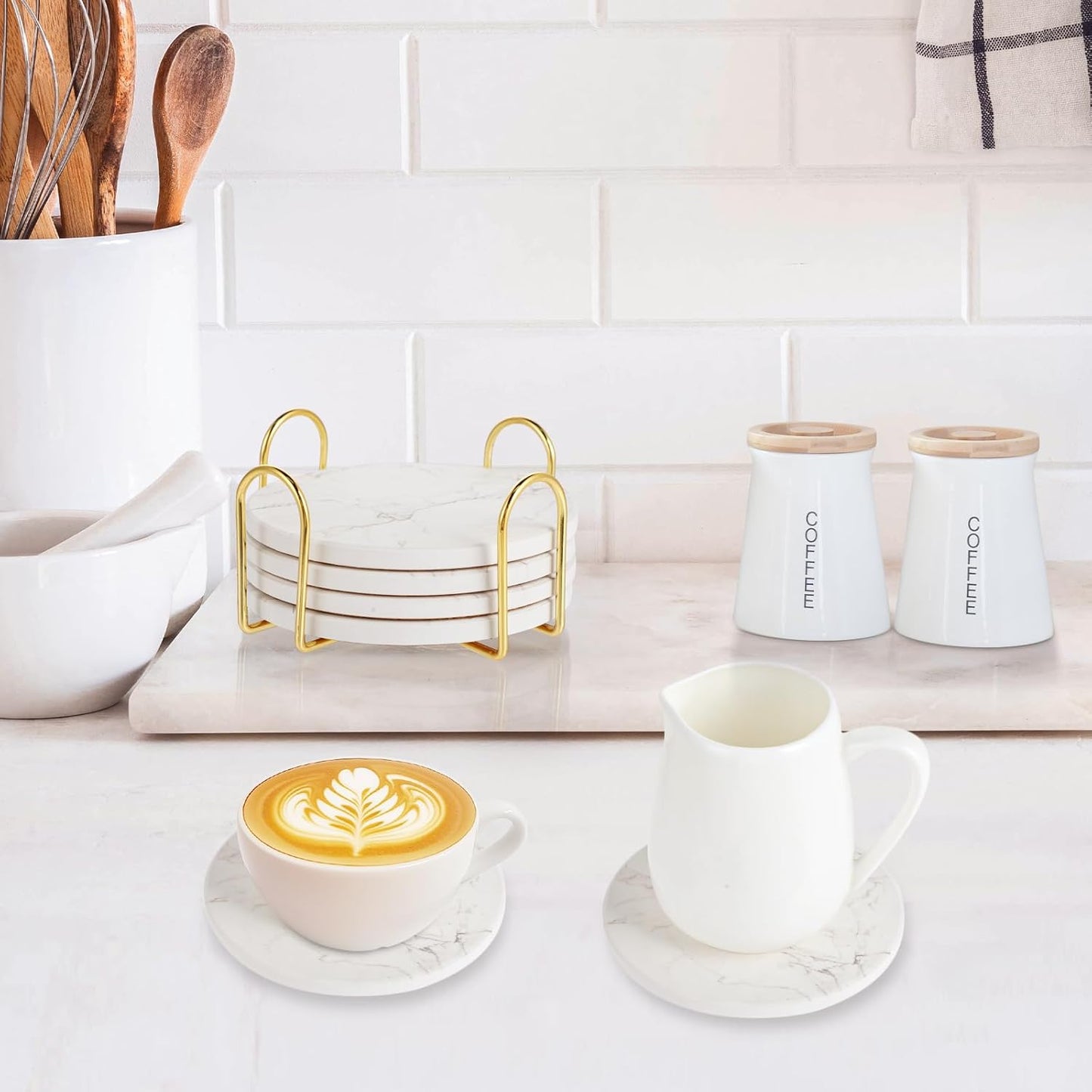 Sottobicchieri Con Supporto - Set Di 6 Sottobicchieri Ceramica - Absorbants Coasters Fondo Antiscivolo - Assorbimento Rapido Dell’Acqua - Motivo Marmo
