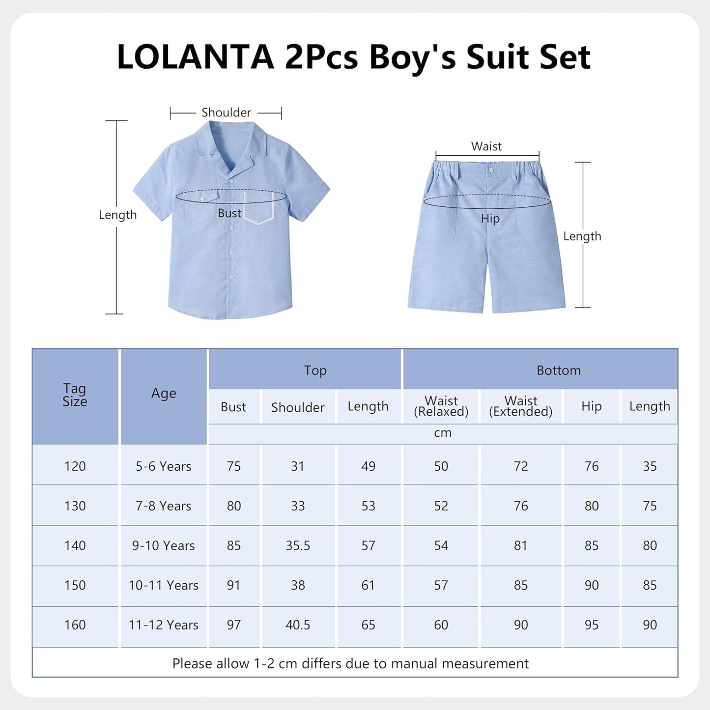 LOLANTA Set 2 Pezzi Abbigliamento Estivo Bambino, Camicia a Maniche Corte con Bottoni e Pantaloncini in Lino e Cotone, 5-12 Anni