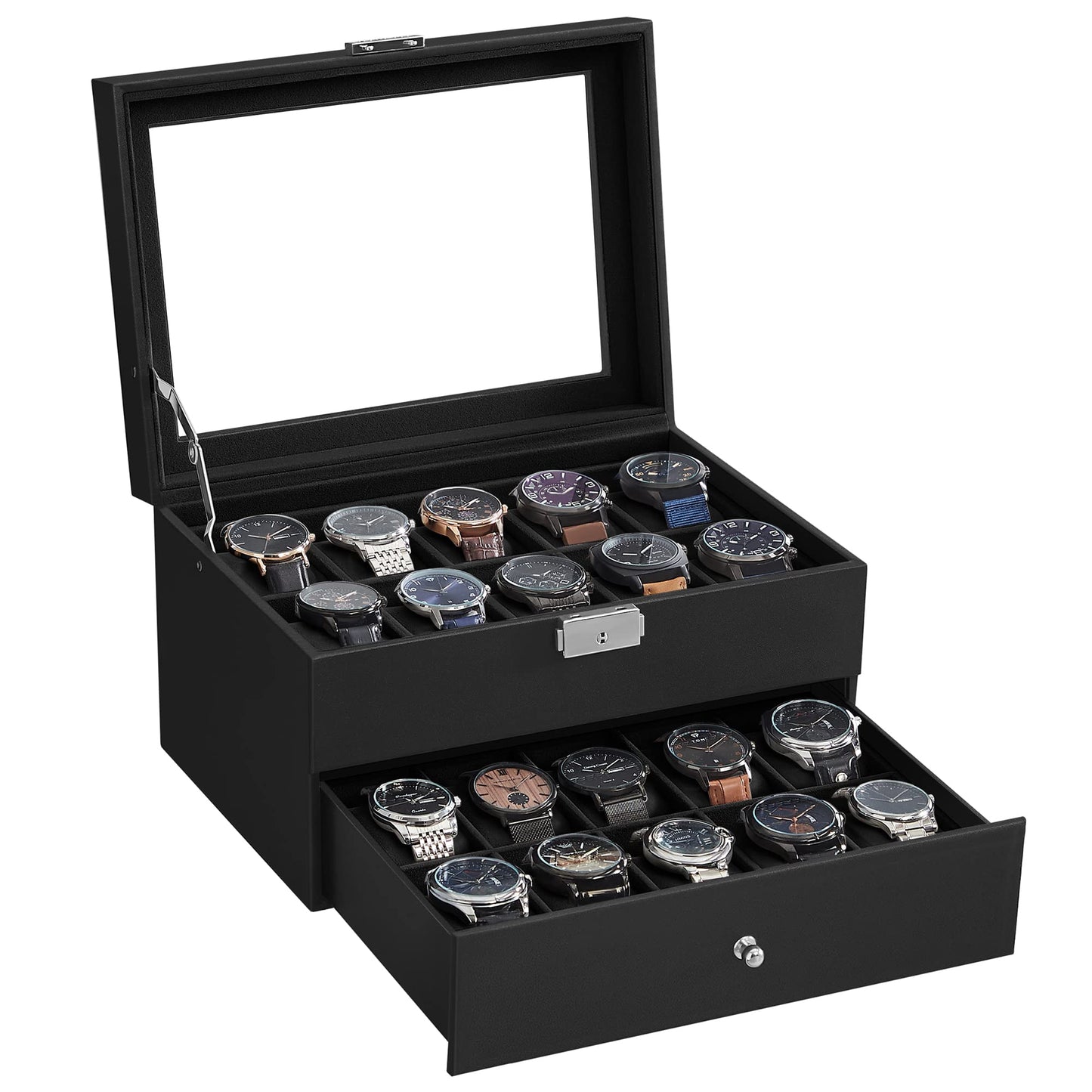 SONGMICS Porta Orologi, Scatola Portaorologi a 2 Livelli, Coperchio in Vetro, con Cuscinetti Rimovibili, Idea Regalo, Superficie in PU Nera, Interno Grigio JWB020
