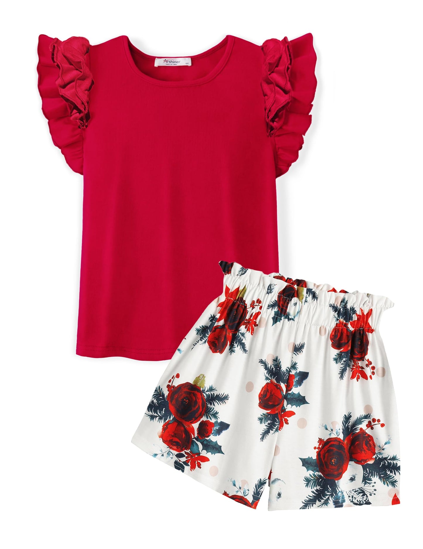 Arshiner Set di Abbigliamento per Ragazze T-shirt Estiva Pantaloncini Completo Bambini Cotone Maniche Volant Set di Abbigliamento per il Tempo Libero Moda Due Pezzi Ragazze con Tasca 6-14 Anni