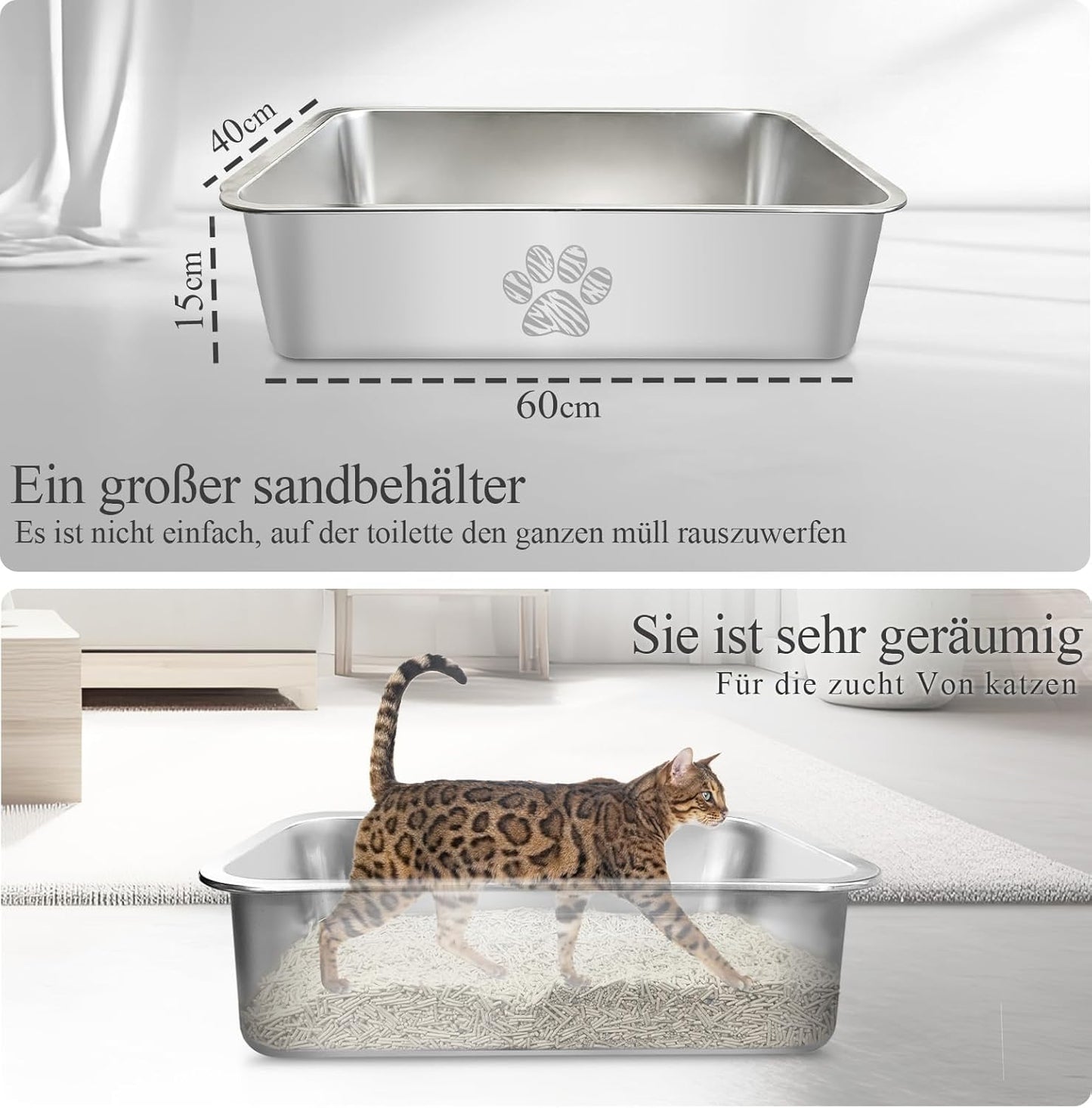 PTLOM Lettiera per gatti in acciaio inossidabile, grande lettiera per gatti in metallo, antispruzzo, inodore e antiaderente, adatta per gatti grandi e piccoli, conigli, zampa di Tabby, 60x40x15cm