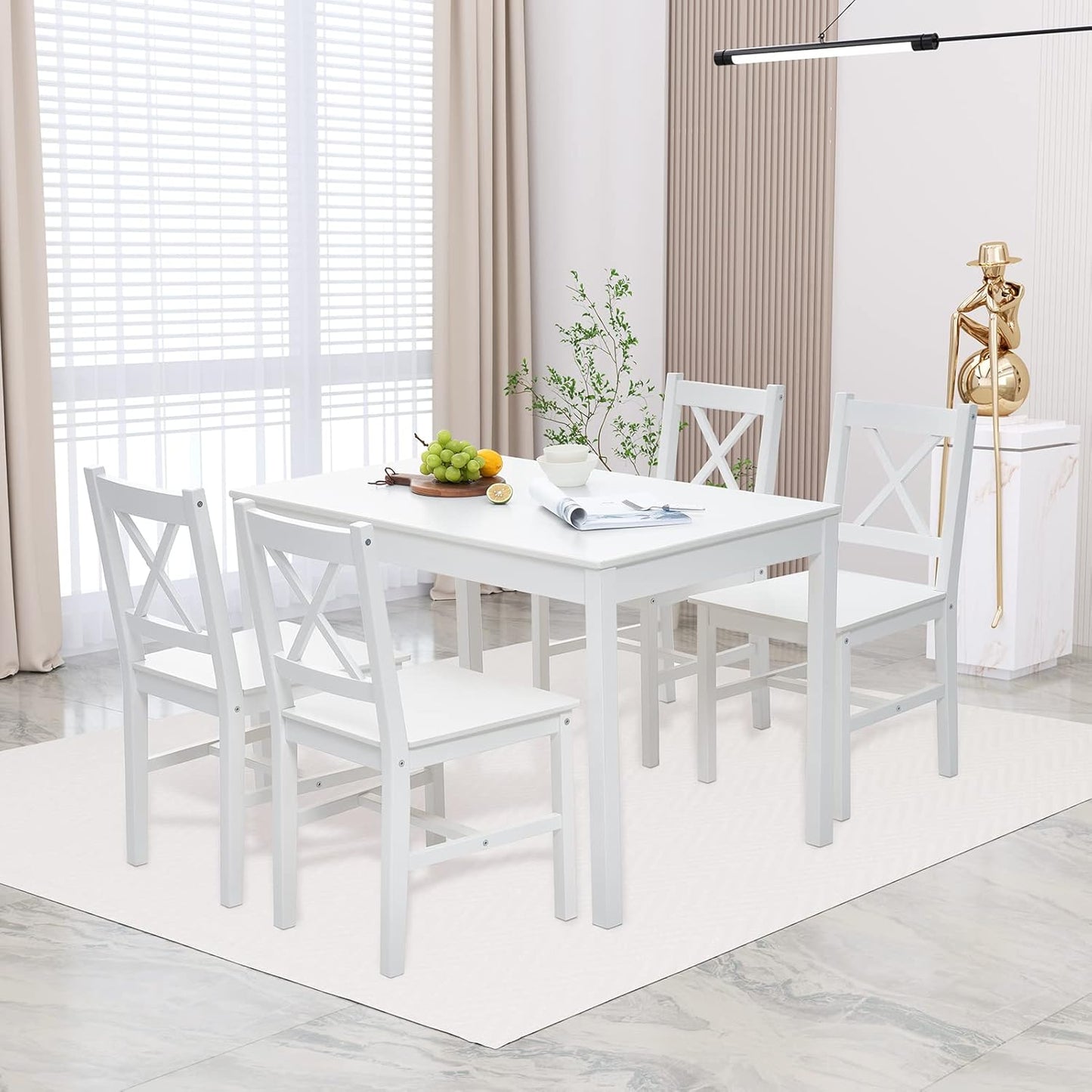 Tavolo Cucina con 4 Sedie Set da Pranzo Legno di Pino Modern Tavolo da Pranzo con 4 Sedie Tavolo e Sedie Cucina Salvaspazio (Bianco)