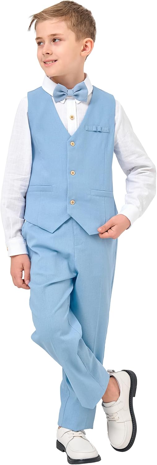 LOLANTA 4 Pezzi Completo Cerimonia Elegante Bambino, Ragazzi Paggetto Matrimoni Battesimo Abito in Lino Suit Set, Gilet+Pantaloni+Camicia+Farfallino