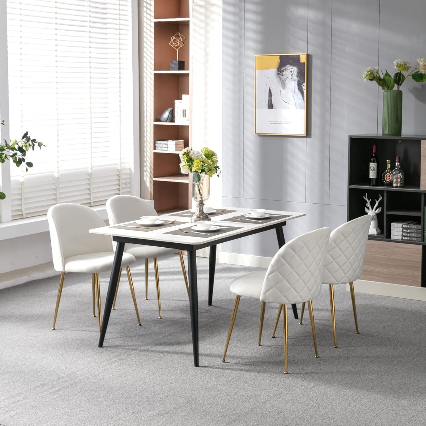 Set 4 pezzi Sedie Velluto Sala da Pranzo Moderne Sedie Cucina Beige Sedie Imbottite con Alto Schienale per Camera da Letto Soggiorno Gambe in d'Oro Metallo Regolabili