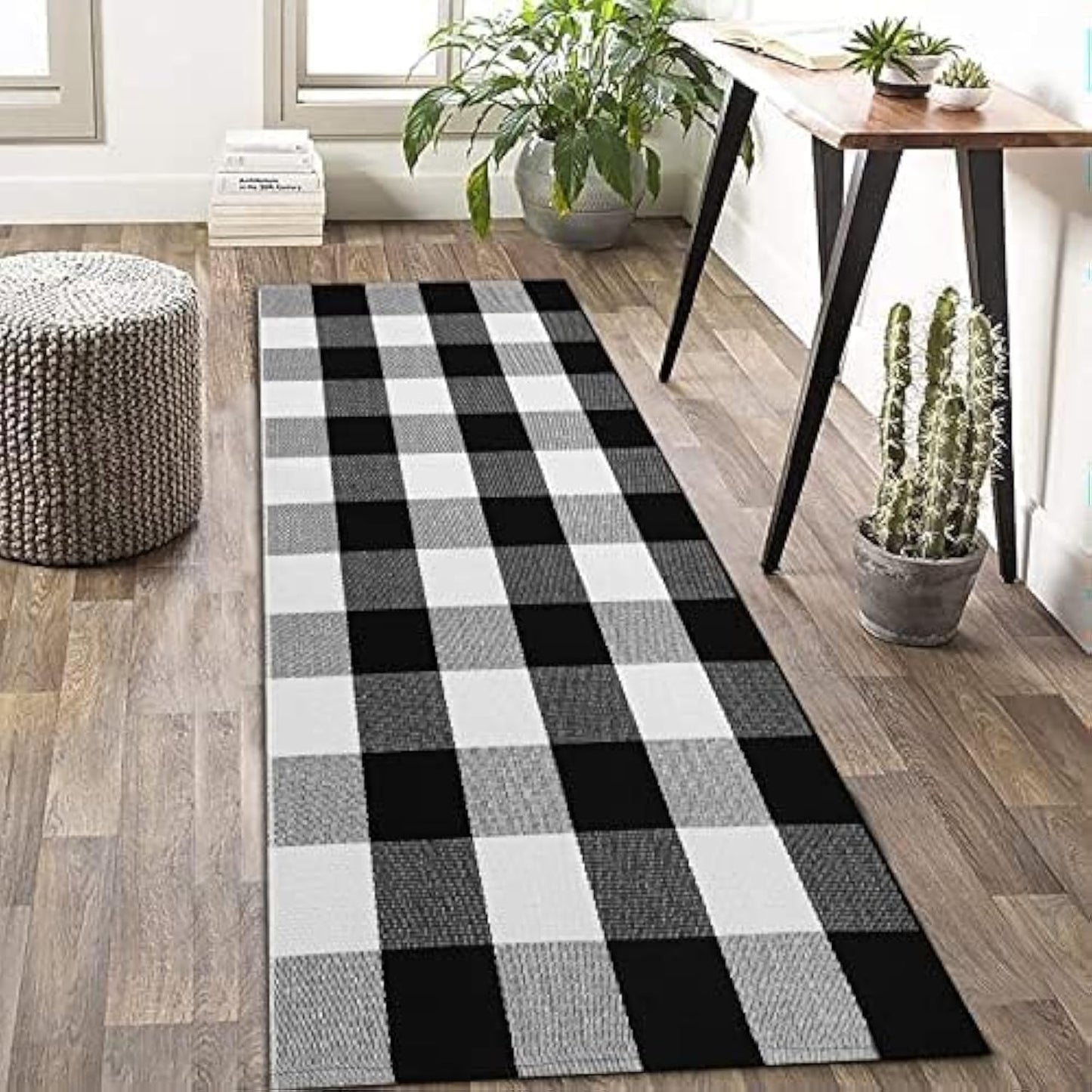 KOZYFLY Tappeto a righe bianche e nere, 60 x 90 cm, in cotone, lavabile, per interni ed esterni, per portico, cucina, fattoria