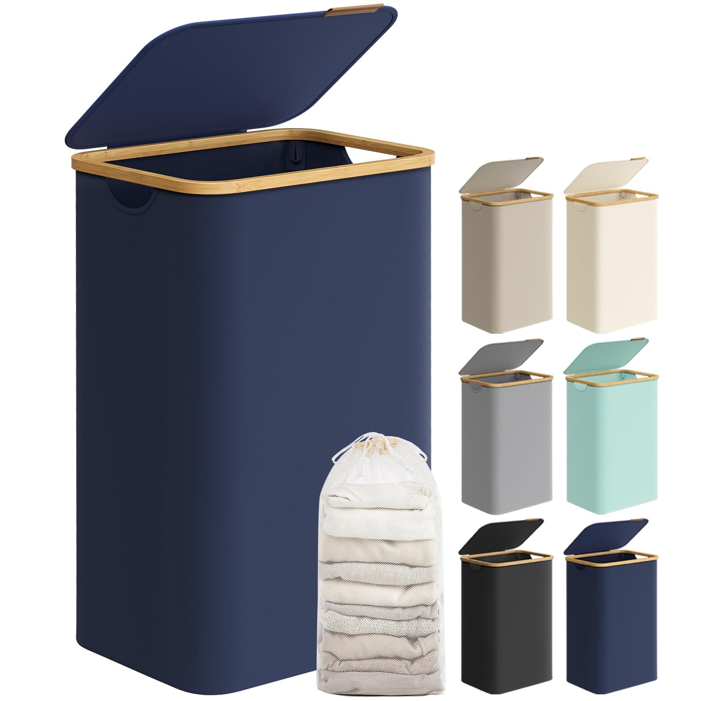 SONGMICS Cesto Portabiancheria con Coperchio, Cesta per Bucato, 65L, Salvaspazio, Sacco Rimovibile, Tessuto Oxford, Manici di Bambù, Pieghevole, 42 x 22,5 x 70,5 cm, Nero Inchiostro LCB506B01