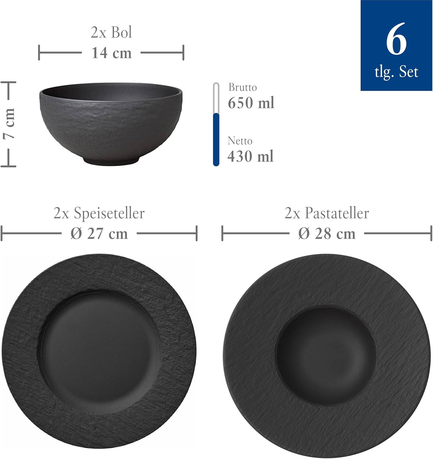 Villeroy & Boch - Manufacture Starter Set 6 Pezzi Nero, Lavabile in Lavastoviglie, Adatto per Microonde, Piatti Ardesia, Scodella, Servizio, Set di Stoviglie, Porcellana Premium